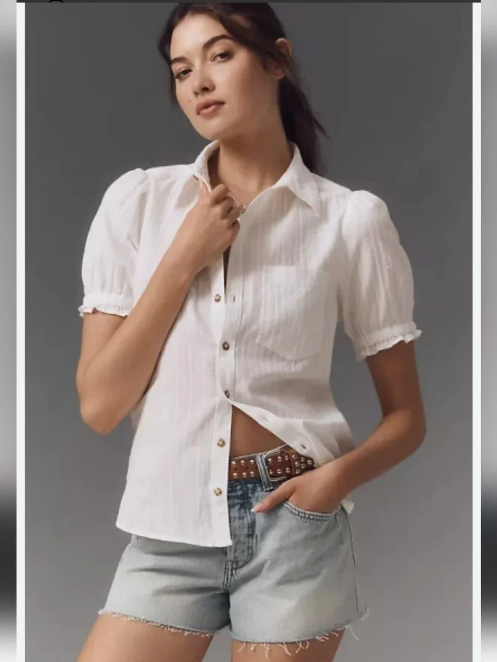 Pilcro Anthropologie White Linen Puff-Sleeve Button Front Blouse